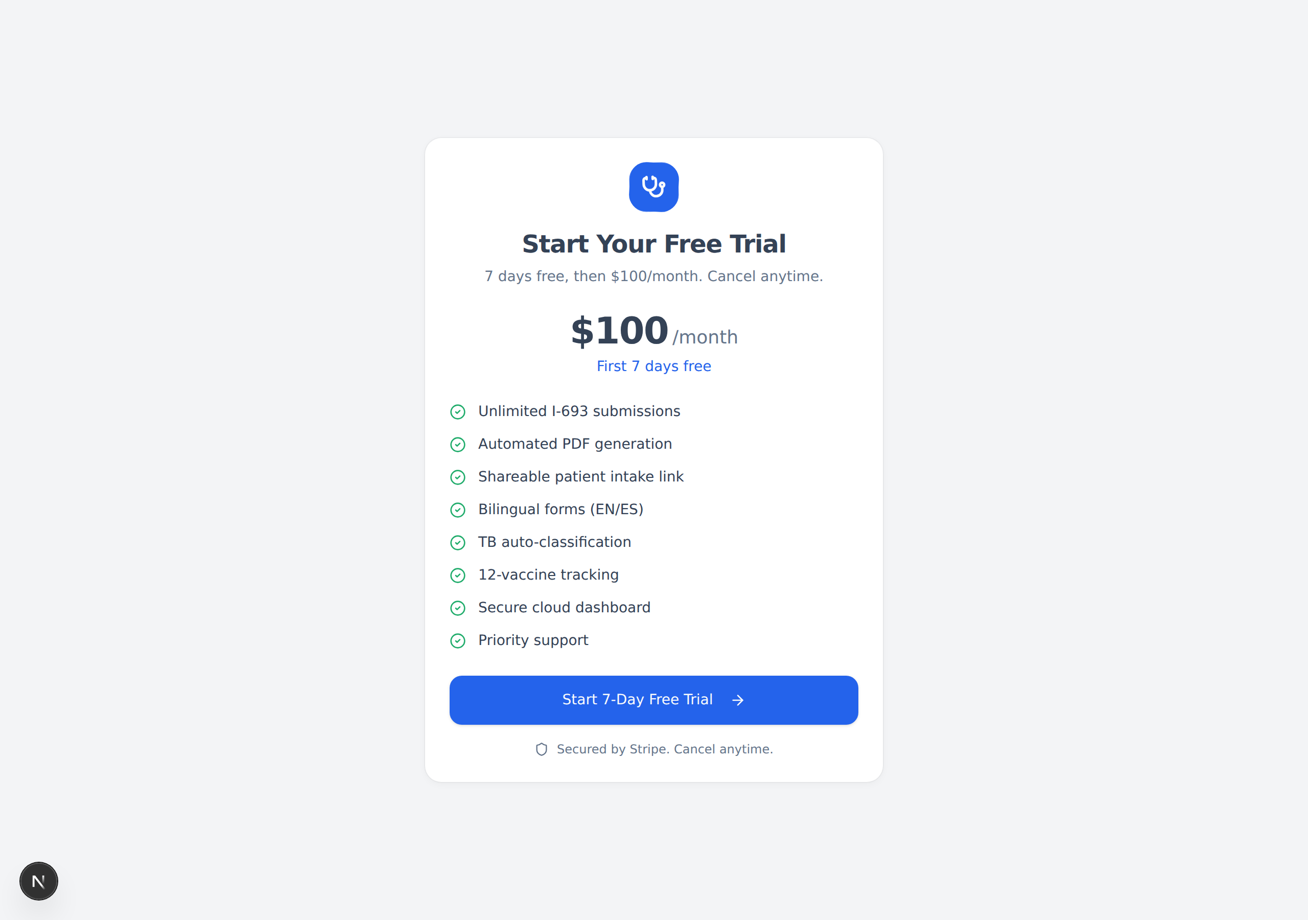 The Start Your Free Trial page showing the price and a list of features