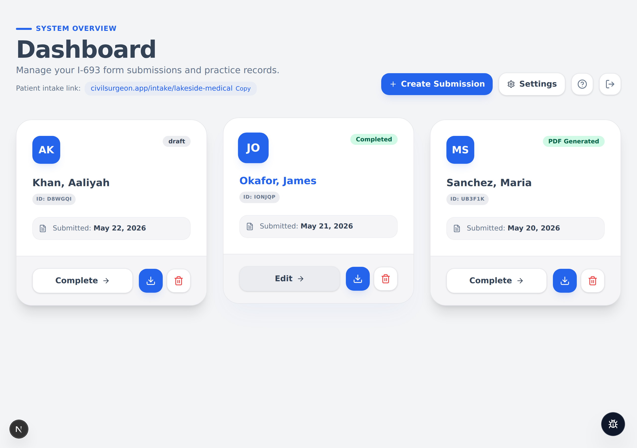 The Dashboard with three patient cards