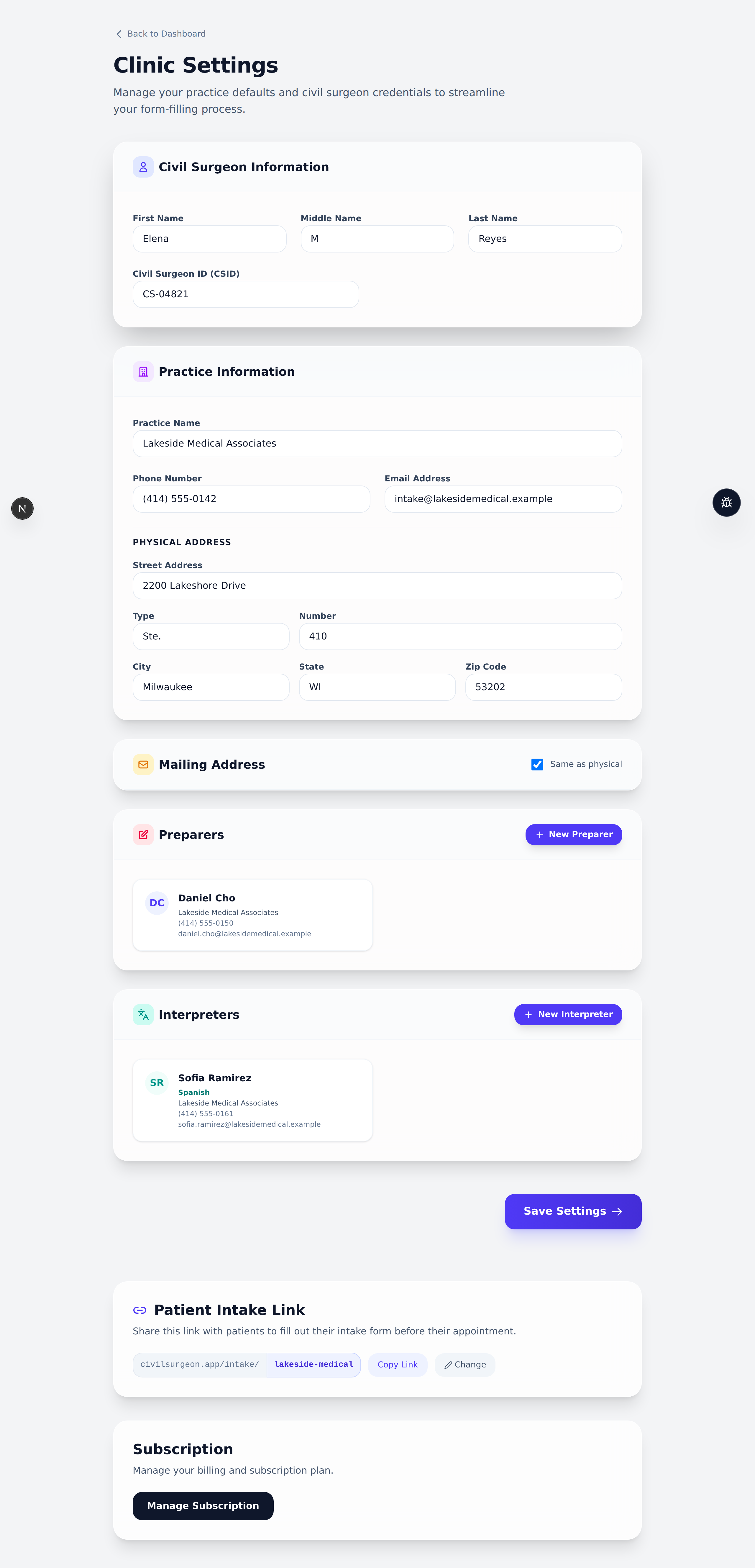 The Clinic Settings page with all sections filled in